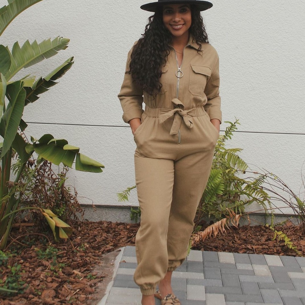 One piece tan utility jumpsuit size Medium